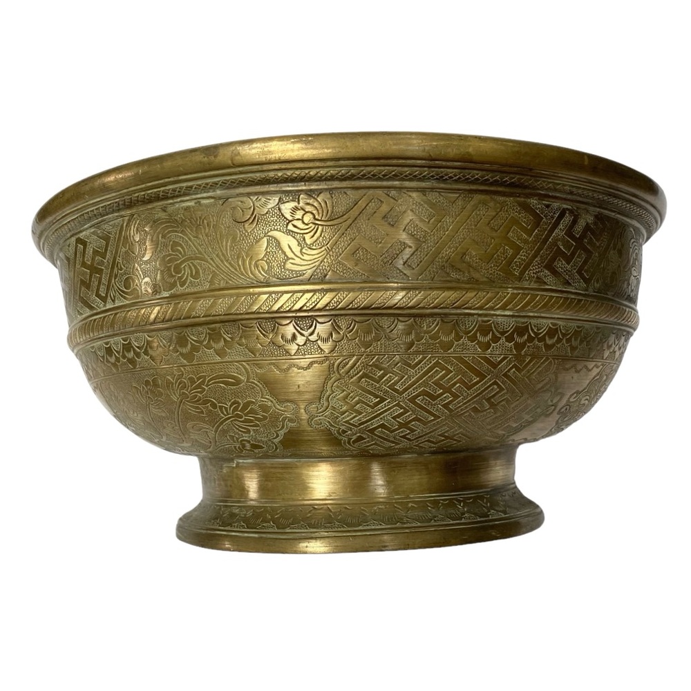 Antique Brass Cast Pedestal Bowl Floral Swastika Banji Motif Large " wide